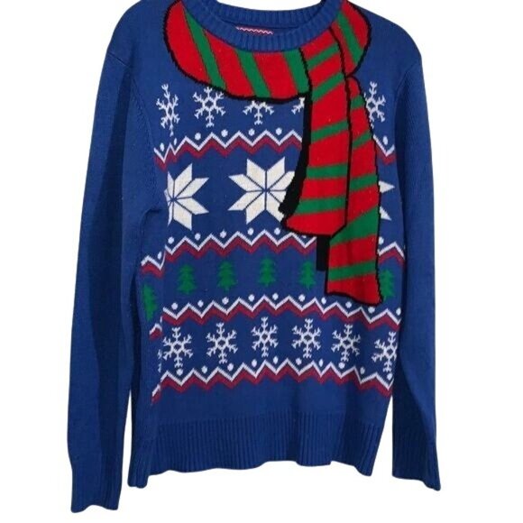 Hybrid Holiday Sweater Blue Snowflake Print With Scarf Motif Medium - Picture 1 of 7